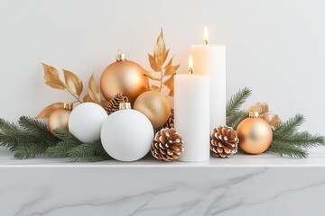Elegant Holiday Mantel Decorated with White and Gold Ornaments Pinecones and Flickering Candles for a Modern Christmas Celebration