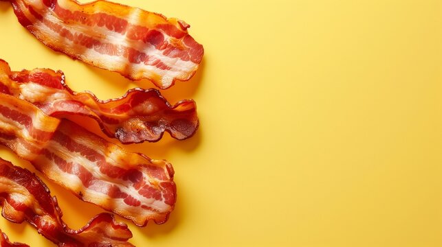 Strips of crispy bacon displayed on a bright yellow background, creating a mouth-watering visual