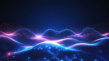 Obraz premium Vibrant abstract waves with glowing lights in blue and pink, creating a dynamic digital landscape for modern designs.