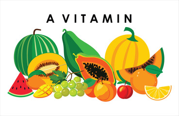 vitamin A fruits collection isolated on white background, flat color cartoon style vector design
