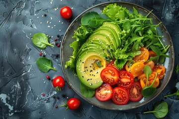 Healthy Avocado Salad with Cherry Tomatoes, Greens, and Sesame Seeds on Dark Background
