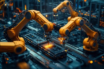 Robotic Arms Assembling a Circuit Board in a Factory