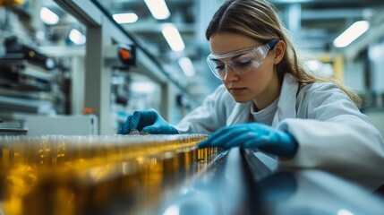Factory worker wearing protective gear inspects vials on the production line in a modern manufacturing facility during daylight hours