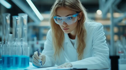 A female scientist in a laboratory diligently recording data while examining chemical reactions with glassware during a late afternoon research session