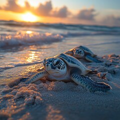 Two baby sea turtles making their way to the ocean at sunrise on a sandy beach, capturing a beautiful and serene moment in nature.