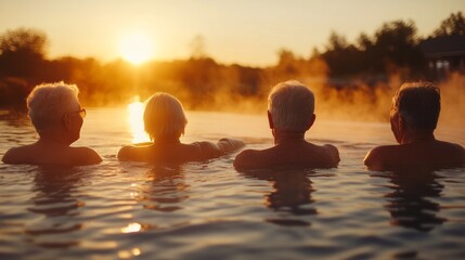 Elderly individuals enjoying a serene evening soak in a hot spring as the sun sets, creating a tranquil atmosphere and natural beauty