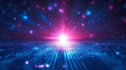 Obraz premium Vibrant digital background showcasing colorful light rays and sparkling particles, ideal for futuristic and tech-inspired themes.