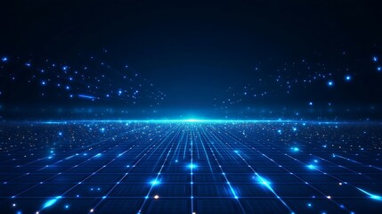 Vibrant digital landscape featuring a glowing grid with sparkling lights, creating a futuristic and immersive atmosphere.