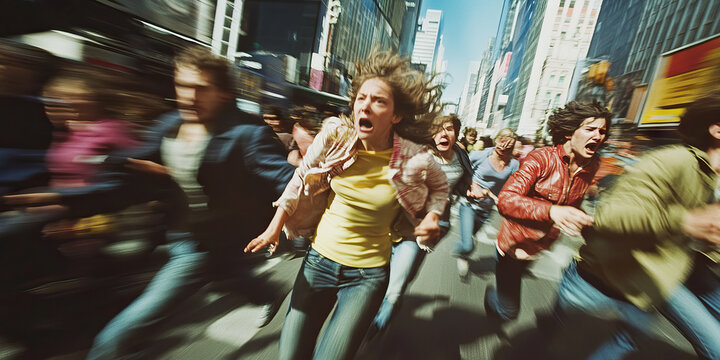 The Fleeing Frenzy: Panicked group of people hurriedly running through a bustling cityscape.