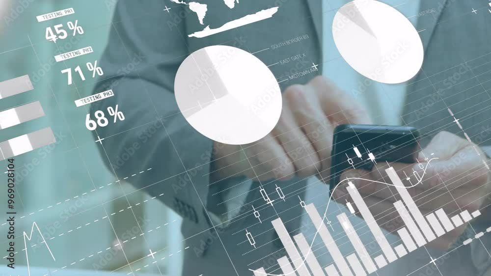 Poster animation of data processing and diagrams over caucasian businessman using smartphone
