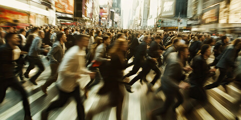 Obraz premium The Fleeing Frenzy: Panicked group of people hurriedly running through a bustling cityscape.