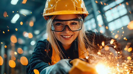 A skilled female worker passionately polishes metal with a powerful grinder. Her safety gear shines as sparks fly in the air.