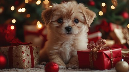 Adorable Christmas Puppy Surrounded by Gifts: Perfect Image for Holiday Promotions and Greetings