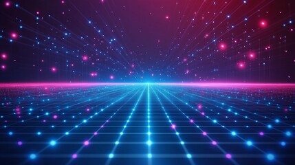 Obraz premium Vibrant digital landscape with glowing grids and colorful lights creating a futuristic atmosphere for technology concepts.
