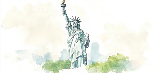 A beautiful watercolor illustration of the Statue of Liberty, symbolizing freedom and democracy in the heart of New York City.