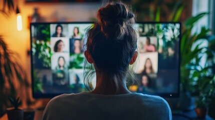 Obraz premium A woman with her hair in a high bun participates in a virtual meeting at home surrounded by plants, illuminated by soft lighting during the evening.