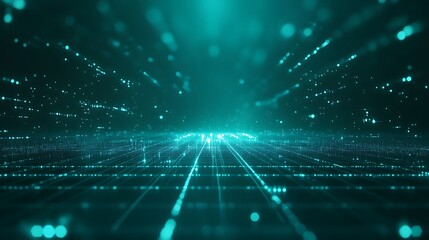 Fototapeta premium Vibrant digital landscape with glowing particles and lines, representing futuristic technology and data visualization.