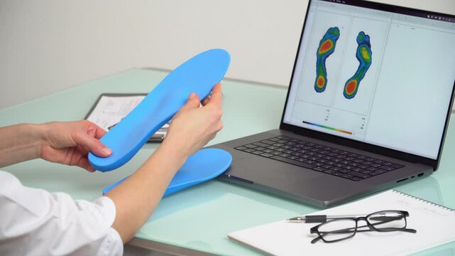 Female doctor orthopedist  inspecting custom made insoles in a clinic in front of the laptop with a test feet picture.