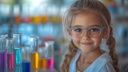 A young girl smiles confidently while conducting experiments in a bright science lab with colorful test tubes and glassware