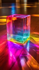 Glass cube with rainbow light reflections on wooden surface