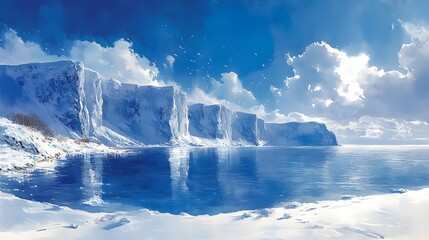 Breathtaking Impressionistic Watercolor of a Wintry Seaside Landscape with Snow-Capped Cliffs and Vibrant Blue Sky