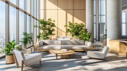 Fototapeta premium Modern Lounge Area with City View and Natural Light
