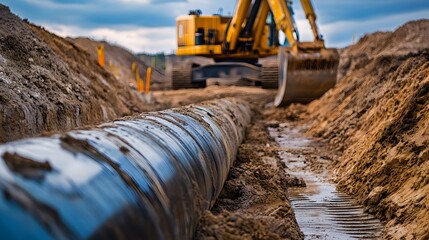 A large piece of machinery is digging into the ground next to a long pipe. Concept of hard work and progress, as the construction workers are using the excavator to dig a trench for the pipe