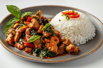 A Thai basil chicken stir-fry with steamed rice