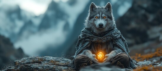 A mystical wolf draped in a cloak, holding a glowing orb in a mountainous landscape with foggy peaks in the background.