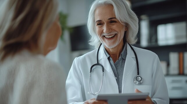 Elderly doctor engages warmly with a patient in a bright office while discussing health, showcasing compassionate care and professional support