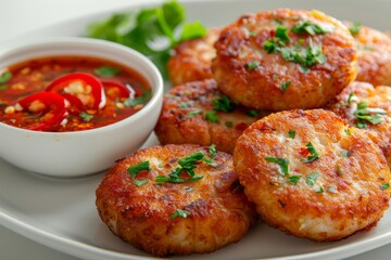 A plate of crispy Thai fish cakes with a side of sweet chili sauce