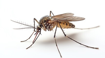 Close-up of a mosquito on a white background, showcasing intricate details of its body, wings, and legs for educational or scientific use.