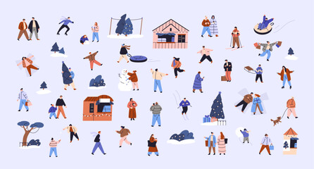 Tiny people have fun in winter set. Friends outerwear play snowball, ski, make snow angels outdoor in Christmas season. Crowd walking, ride sled, skates at Xmas time. Flat isolated vector illustration