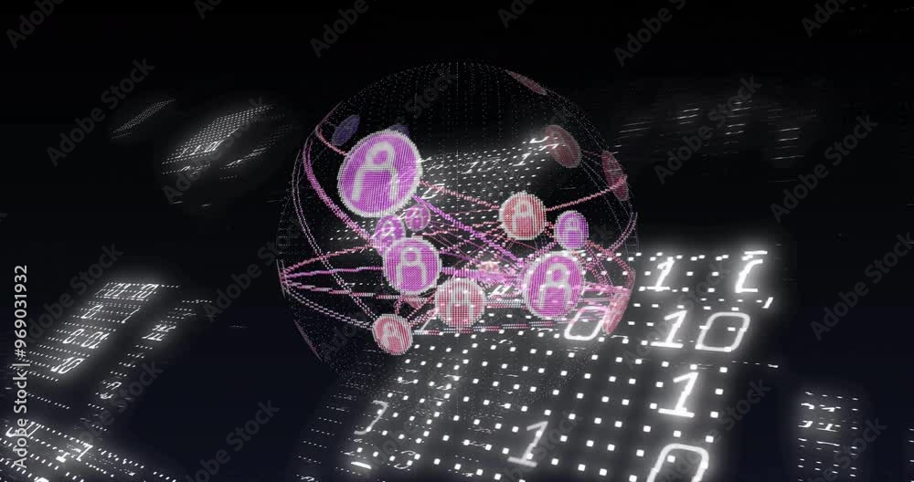 Poster animation of network of connections with icons over binary coding