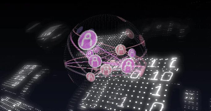 Animation of network of connections with icons over binary coding