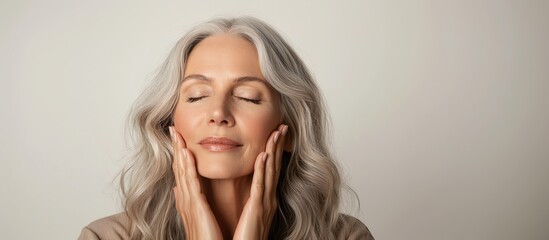 Fototapeta premium Elegant mature woman with gray hair, eyes closed, hands touching her face. Peaceful and serene expression highlighting natural beauty and aging gracefully.