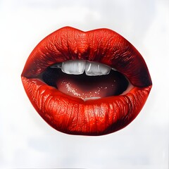 Close up of a red lip on a white surface perfect for beauty or cosmetic concepts,
