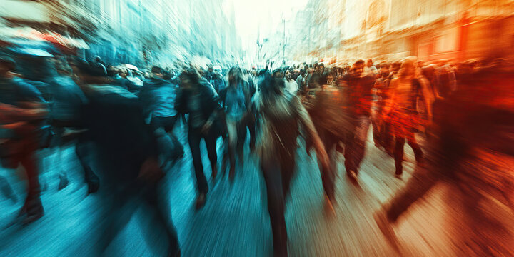 Frenetic Fray: Chaotic image of people frantically moving as they attempt to outrun a crisis.