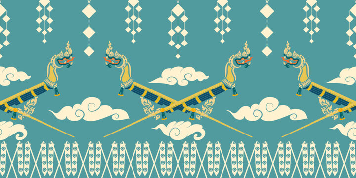 The Rocket Festival decorated with flag  and cloud. Cultural seamless pattern of the northeastern region of Thailand according to beliefs,vector illustrations.