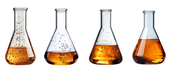 Four glass laboratory flasks filled with orange liquid for scientific research transparent background