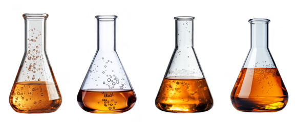 Four glass laboratory flasks filled with orange liquid for scientific research transparent background