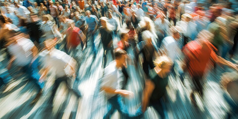 Frenetic Fray: Chaotic image of people frantically moving as they attempt to outrun a crisis.