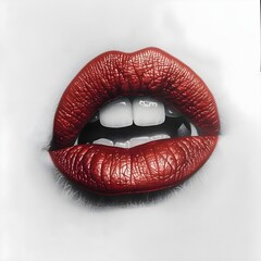 Close up of a red lip on a white surface perfect for beauty or cosmetic concepts,
