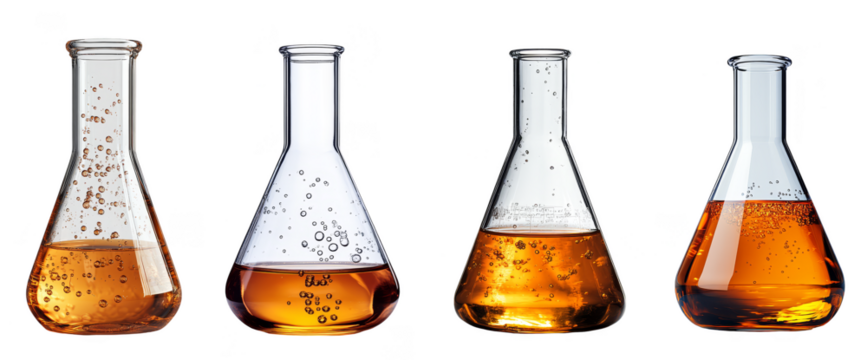 Four glass laboratory flasks filled with orange liquid for scientific research transparent background