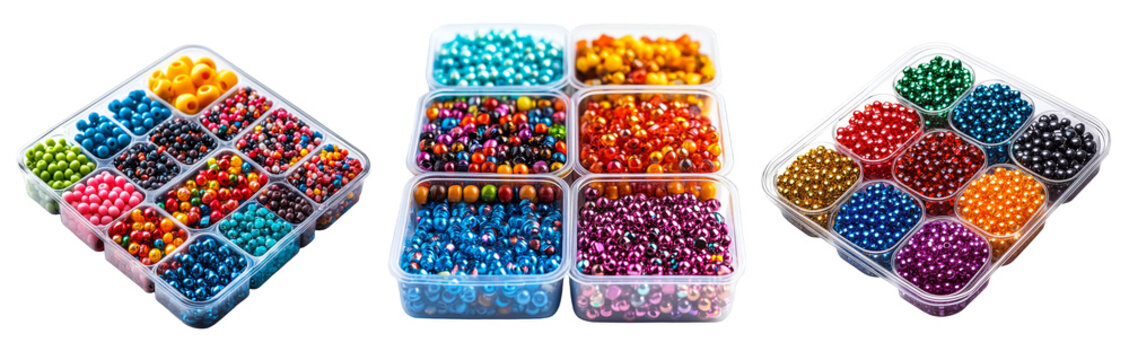 Colorful bead collections arranged in plastic containers for crafting projects transparent background