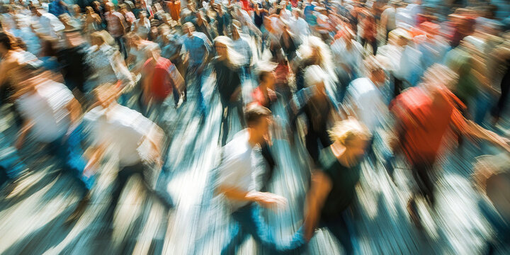 Frenetic Fray: Chaotic image of people frantically moving as they attempt to outrun a crisis.