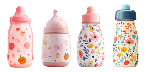 Cute baby bottles with colorful designs for feeding infants and toddlers transparent background