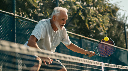 Senior man hitting a hard volley in pickleball.