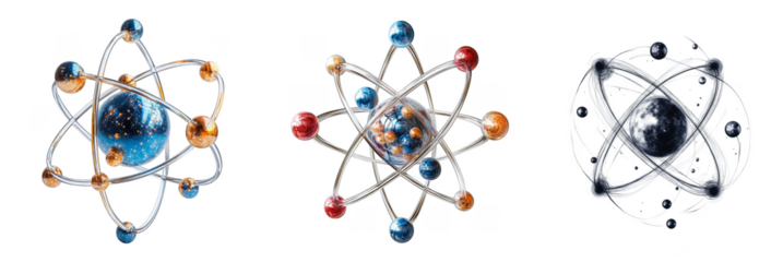 Scientific atom models with colorful electron orbits for physics and chemistry transparent background