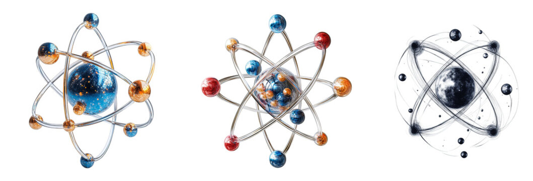 Scientific atom models with colorful electron orbits for physics and chemistry transparent background